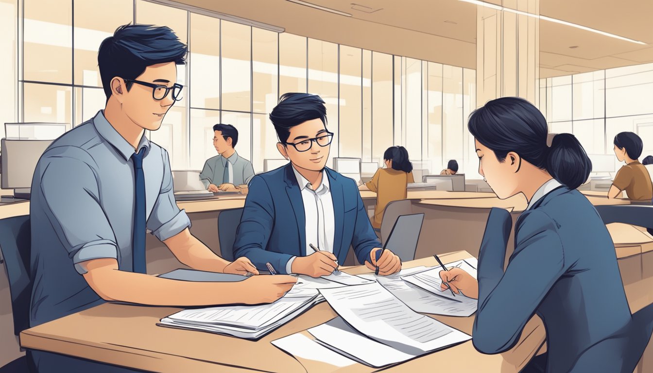 A student from overseas applies for an education loan in a Singaporean bank, discussing terms with a loan officer and filling out paperwork
