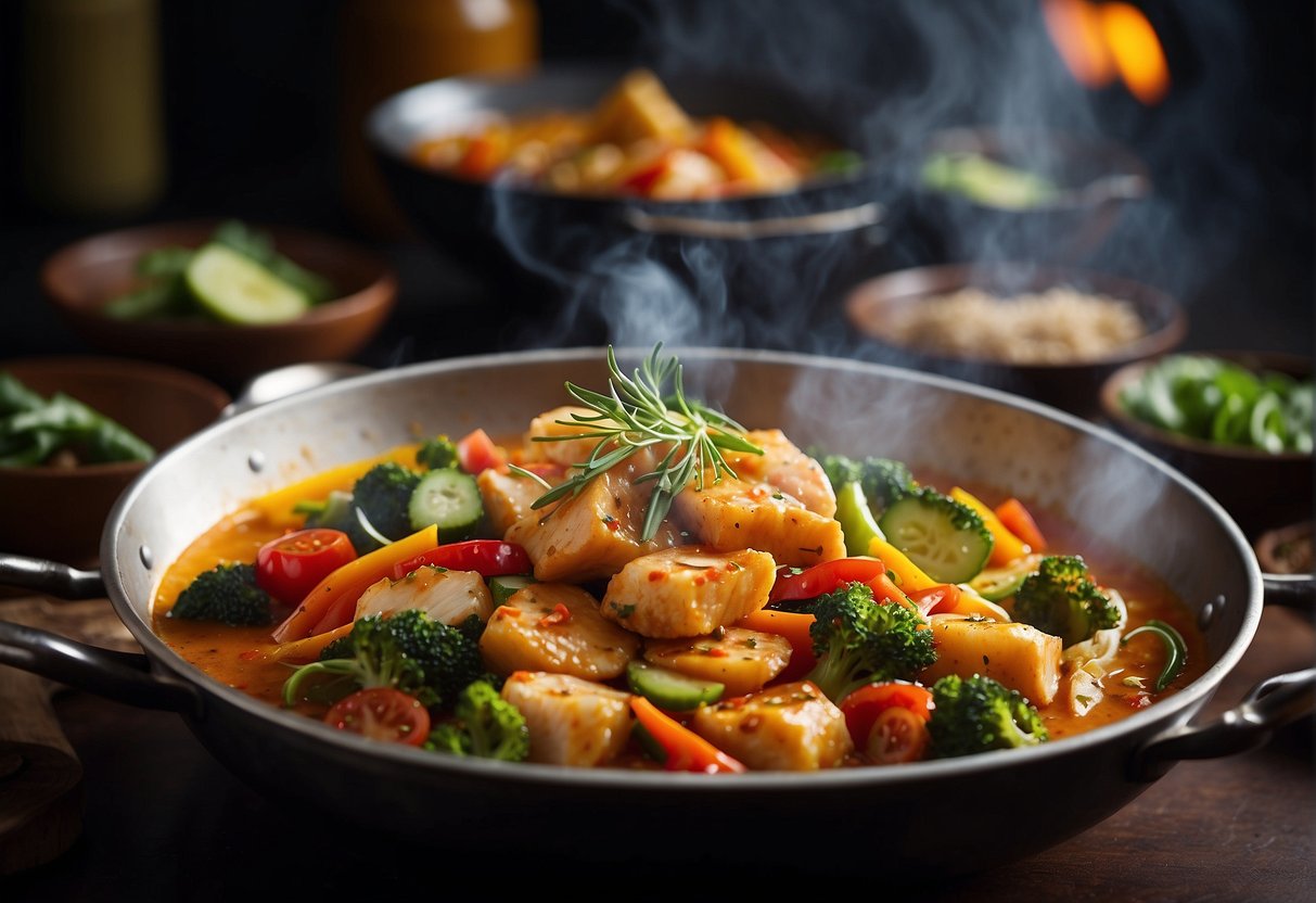 A wok sizzles with chunks of fish, simmering in a fragrant, spicy Chinese curry sauce, surrounded by vibrant vegetables and aromatic herbs