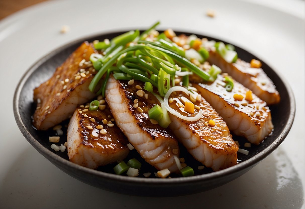 A sizzling wok tosses marinated fish fillets with ginger, garlic, and soy sauce. Green onions and sesame seeds garnish the golden brown fillets