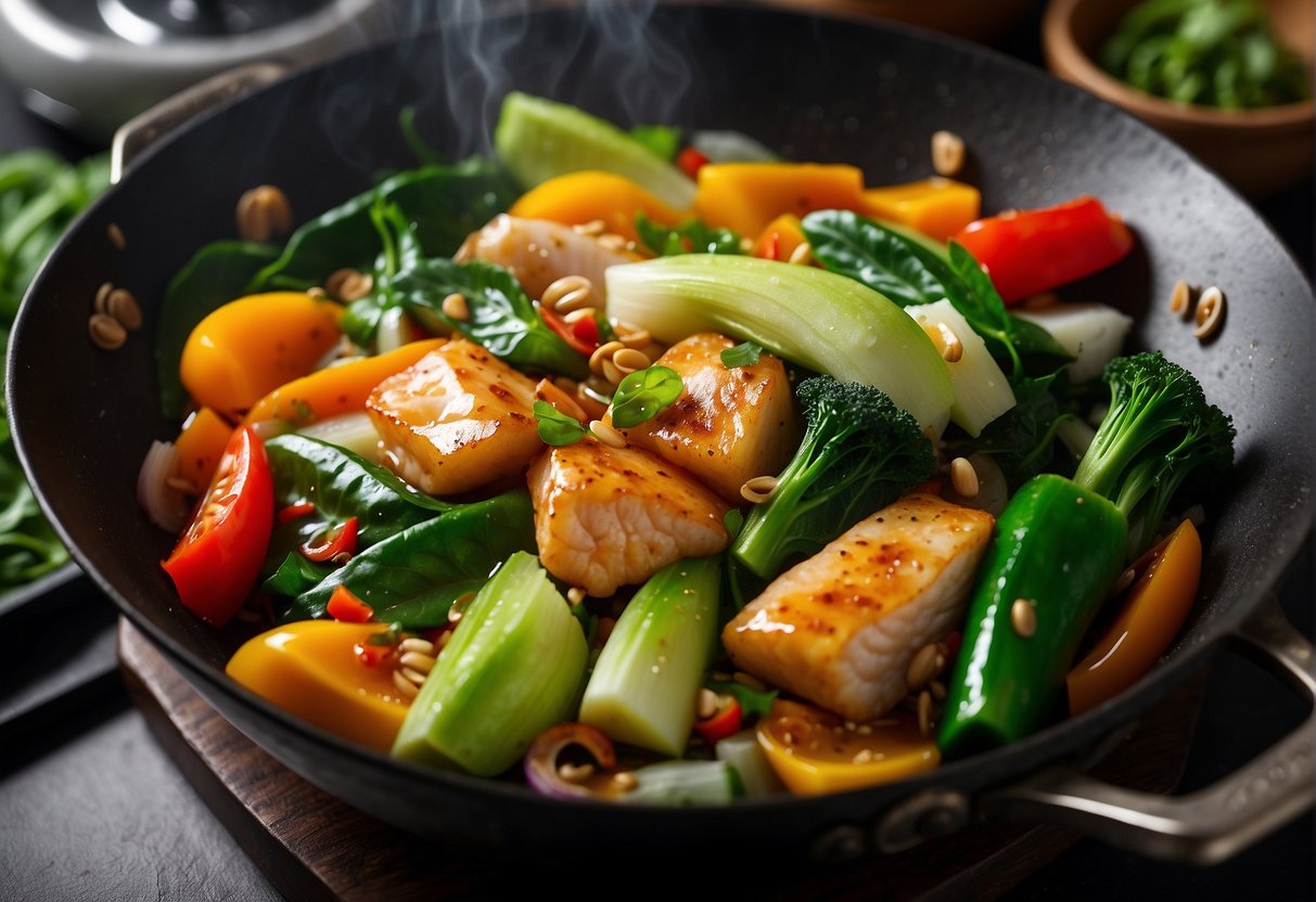 A wok sizzles with fish, ginger, and garlic in a fragrant broth of soy sauce and spices, surrounded by vibrant green bok choy and colorful bell peppers