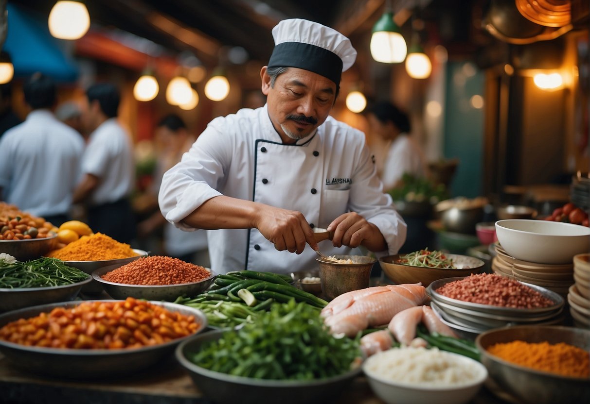 A chef carefully selects a fresh fish from a bustling market, surrounded by colorful spices and traditional Chinese cooking utensils