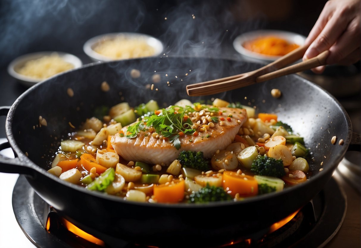 A wok sizzles as garlic, ginger, and spices are added. A whole fish is carefully placed in the bubbling sauce. Vegetables are chopped and added to the mix