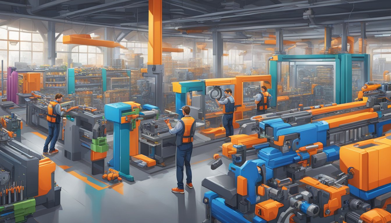 A nerf worker assembles foam blasters in a factory, surrounded by colorful parts and machinery