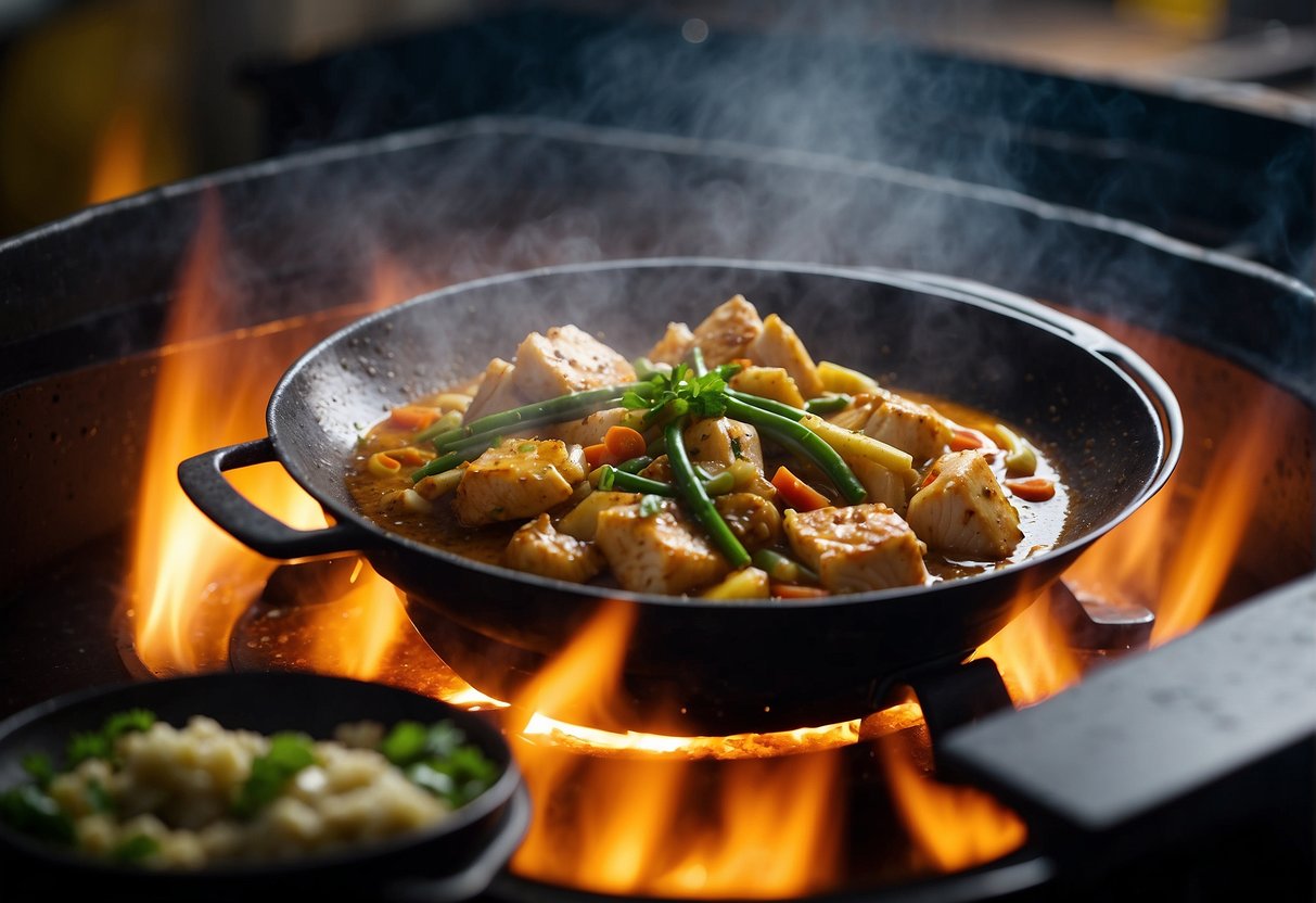 A wok sizzles with fish, ginger, and garlic in a fragrant sauce. Steam rises as the curry simmers, filling the kitchen with savory aromas