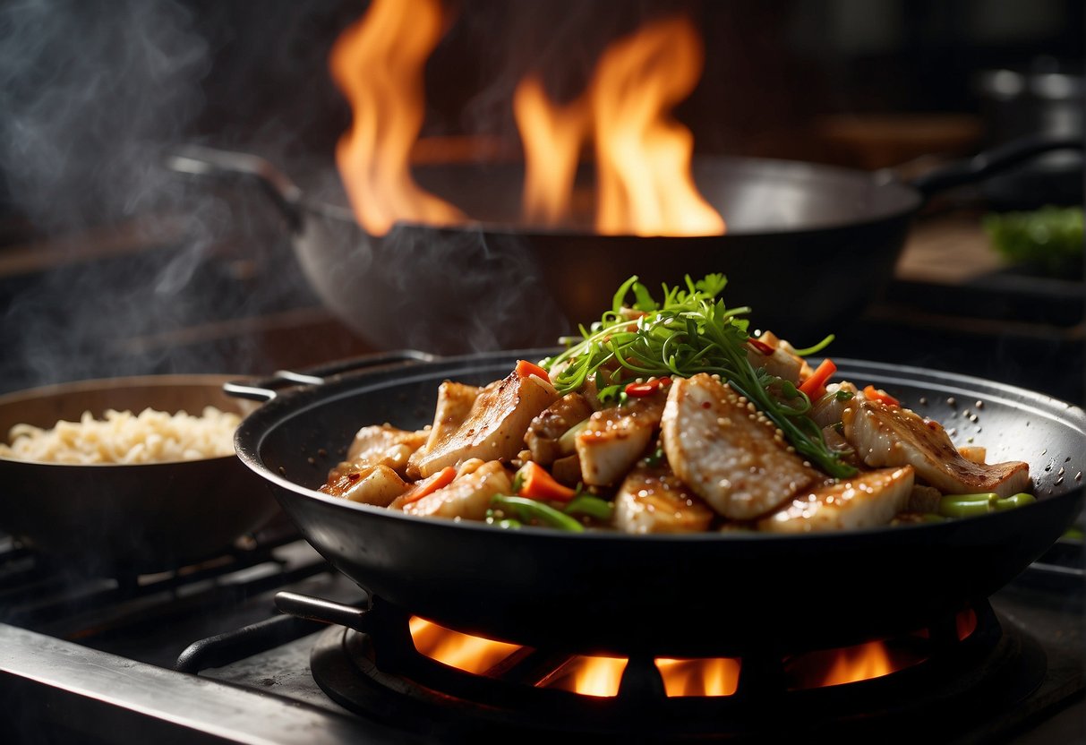 A wok sizzles with marinated fish fillets, stir-frying in a fragrant blend of soy sauce, ginger, and garlic. Steam rises as the fillets cook to a golden brown, releasing a mouthwatering aroma