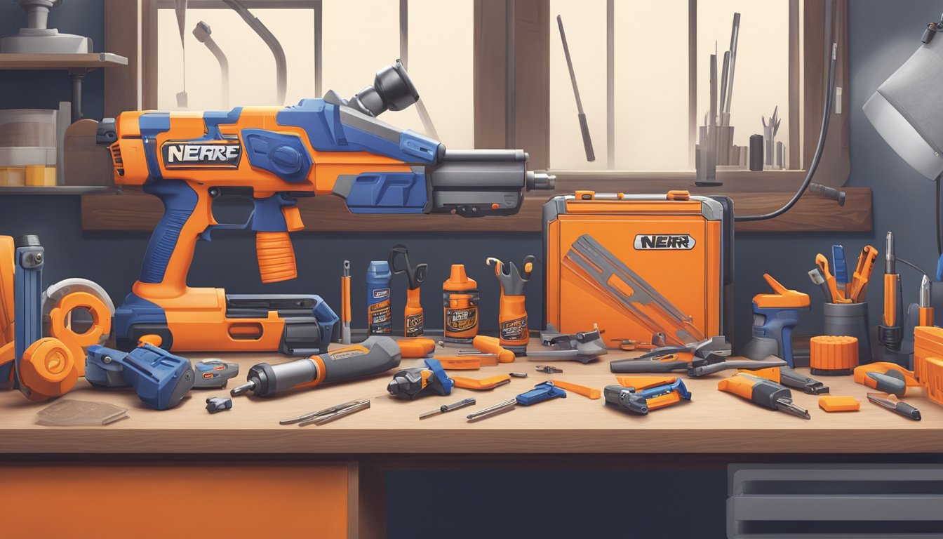 A workbench cluttered with Nerf Worker brand accessories being customized