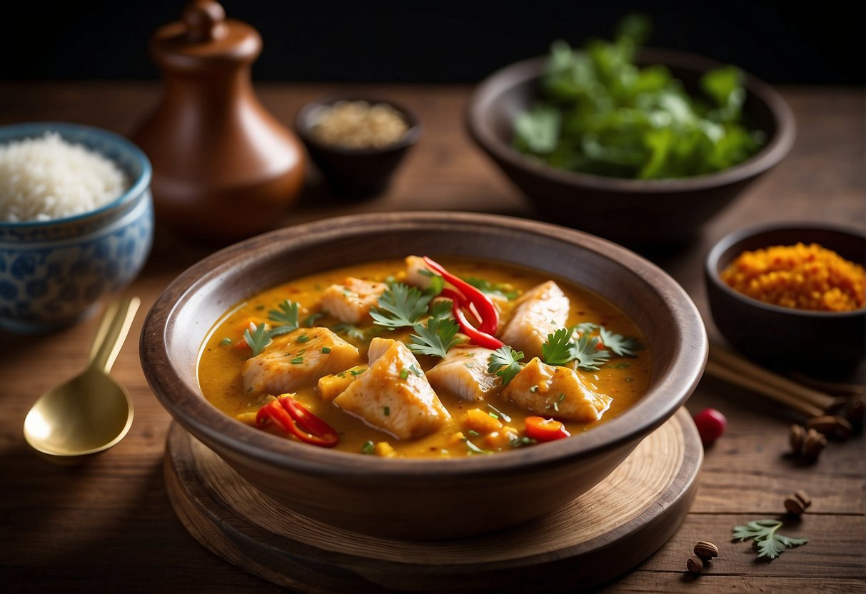 A steaming bowl of Chinese-style fish curry sits on a wooden table, surrounded by colorful spices and herbs. A pair of chopsticks rests next to the bowl, ready for use