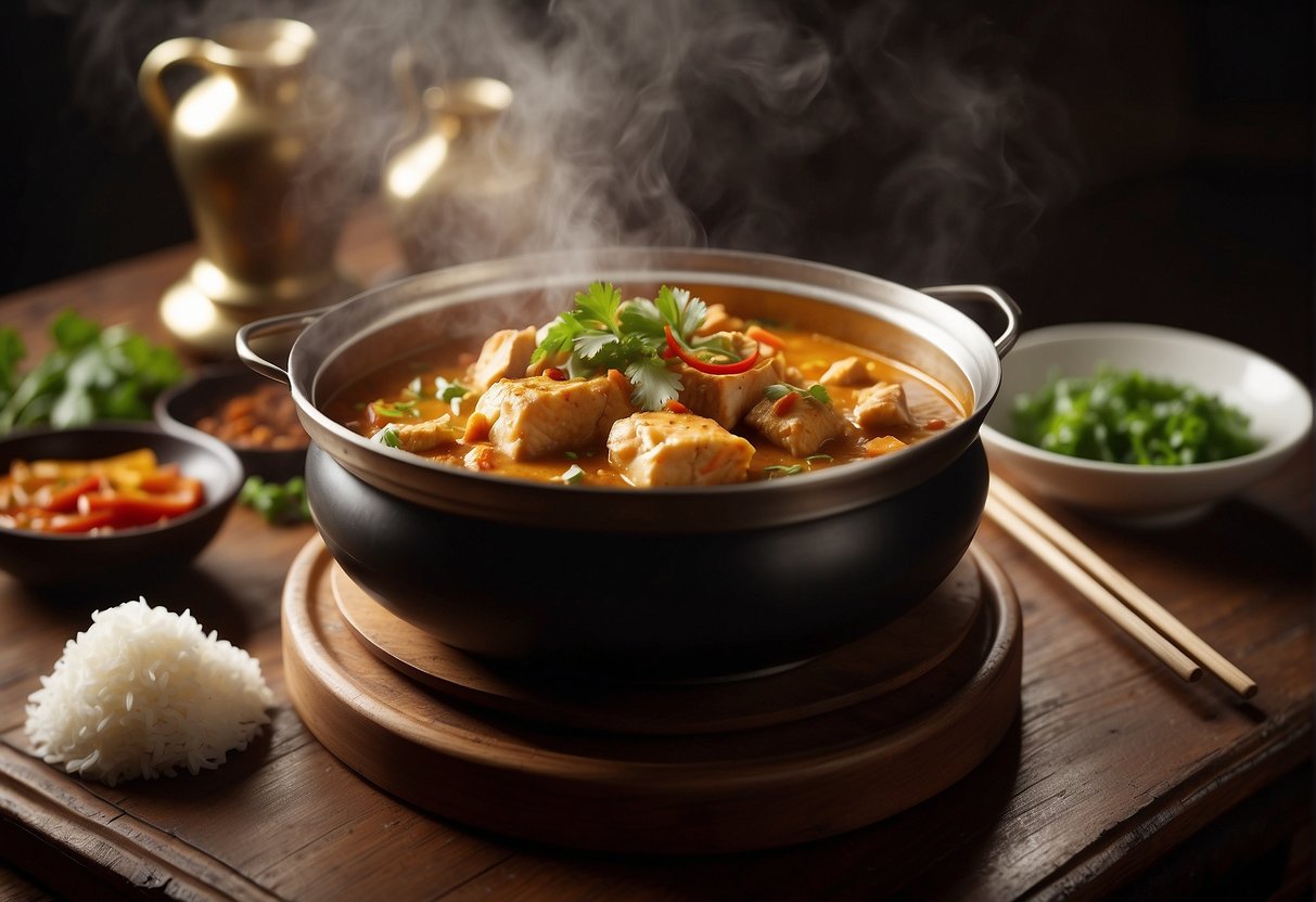 A steaming pot of Chinese-style fish curry, filled with fragrant spices and chunks of tender fish, sits on a rustic wooden table. A pair of chopsticks rests beside the bowl, ready for serving