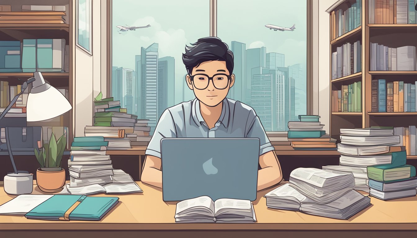 A student sits at a desk, surrounded by books and a laptop. A map of Singapore hangs on the wall, with a list of education loan options pinned next to it
