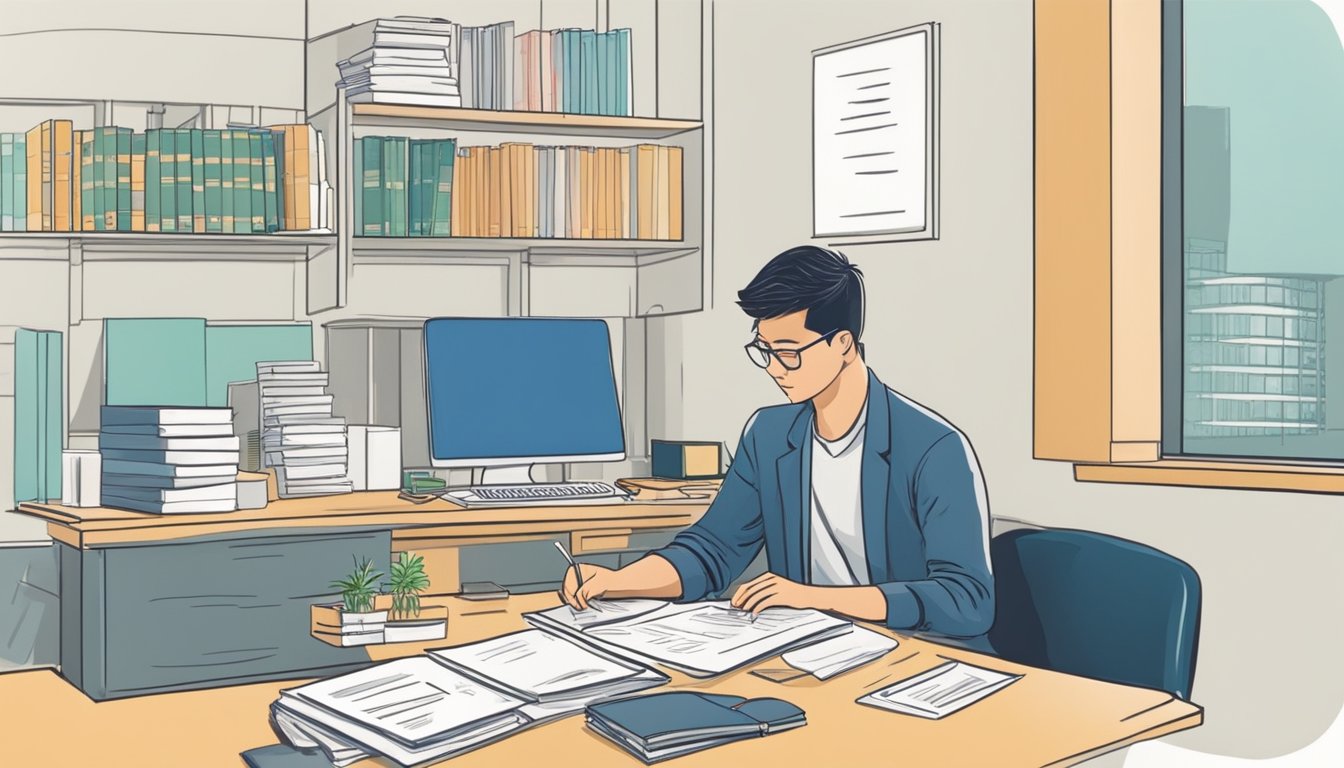 A foreign student sits at a desk in a Singaporean bank, filling out paperwork for an education loan. The bank officer assists with the process
