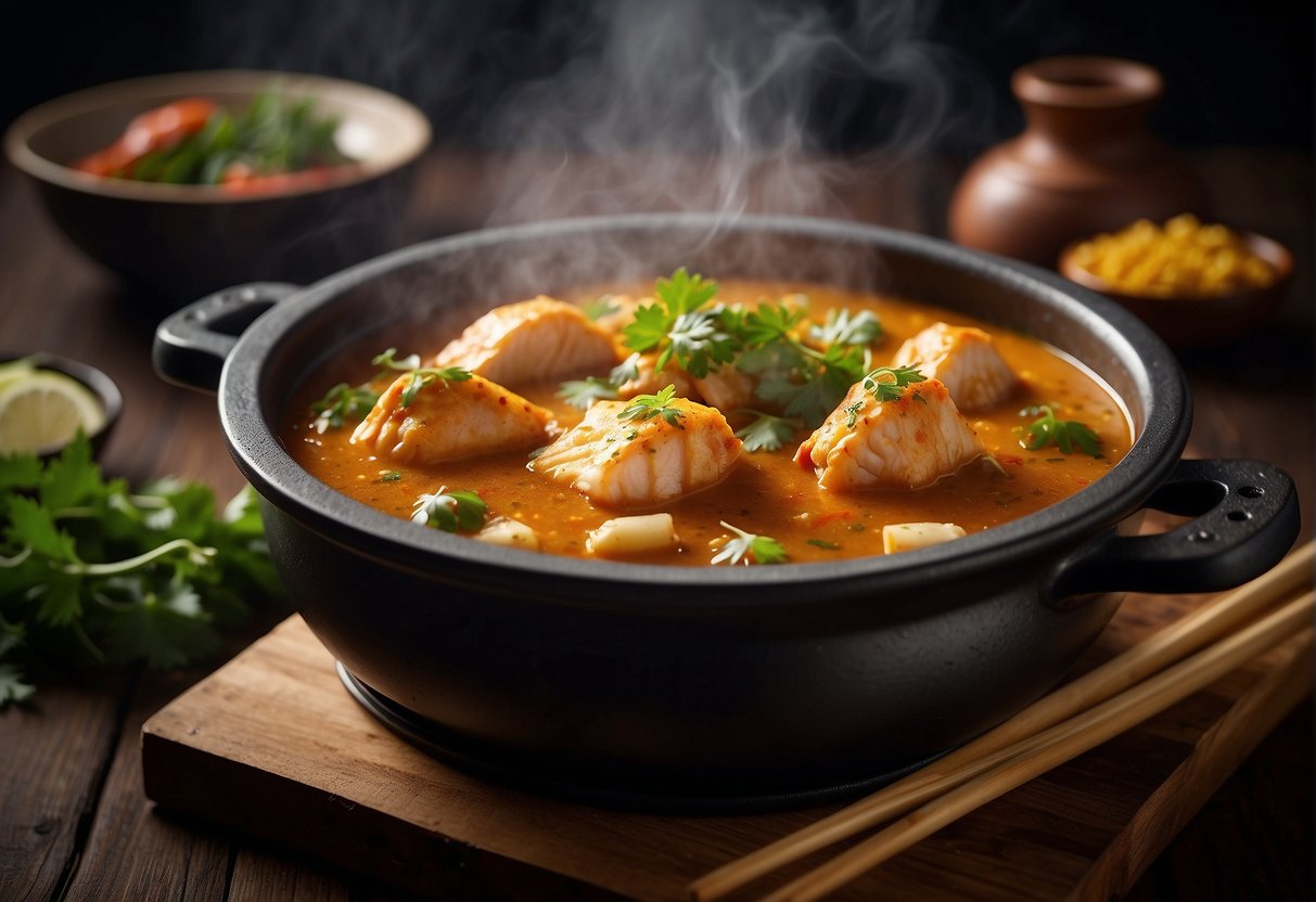 A steaming pot of Chinese-style fish curry with ingredients scattered around. A pair of chopsticks rests on the side