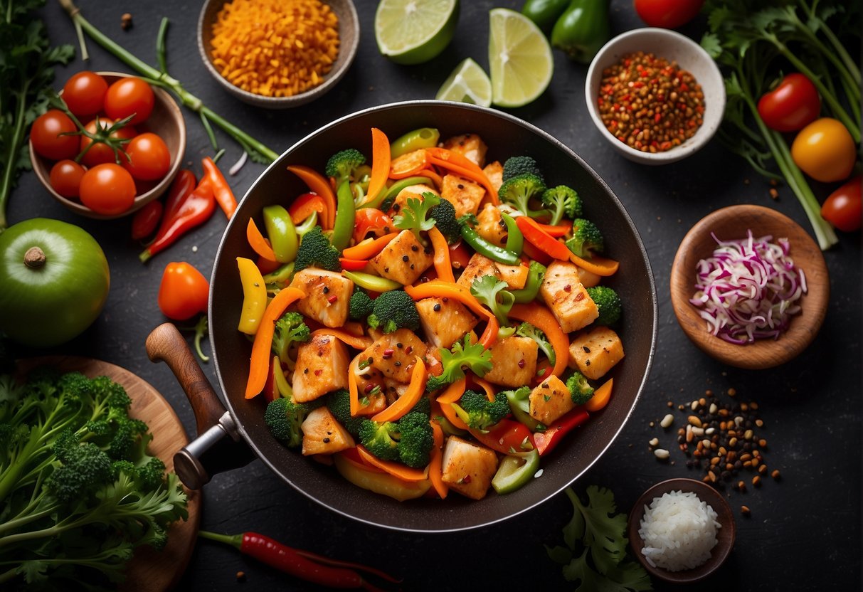A sizzling wok with golden brown fish fillets, surrounded by vibrant vegetables and aromatic Chinese spices