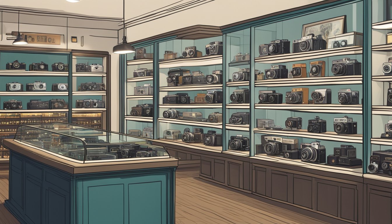 A shop in Singapore displays vintage film cameras on shelves and in glass cases. Bright lights illuminate the collection, highlighting the different models and brands available for purchase
