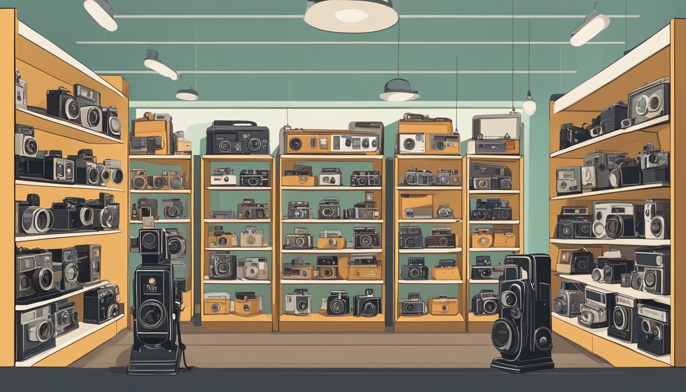 A display of vintage film cameras in a well-lit store, with shelves neatly organized and various models showcased. The store sign "Essentials for Film Photography Enthusiasts" is prominently displayed