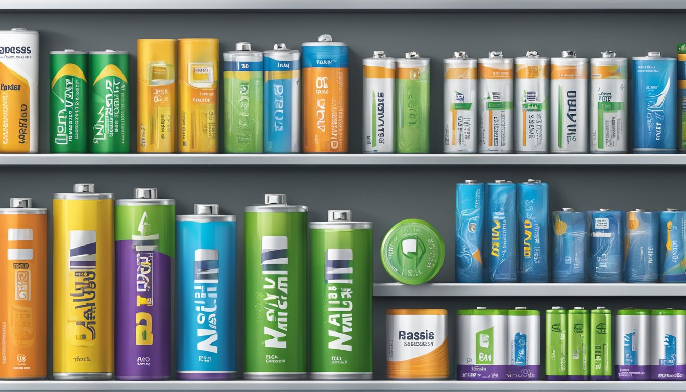 Various non-alkaline battery brands displayed on a shelf with clear labels and distinct packaging