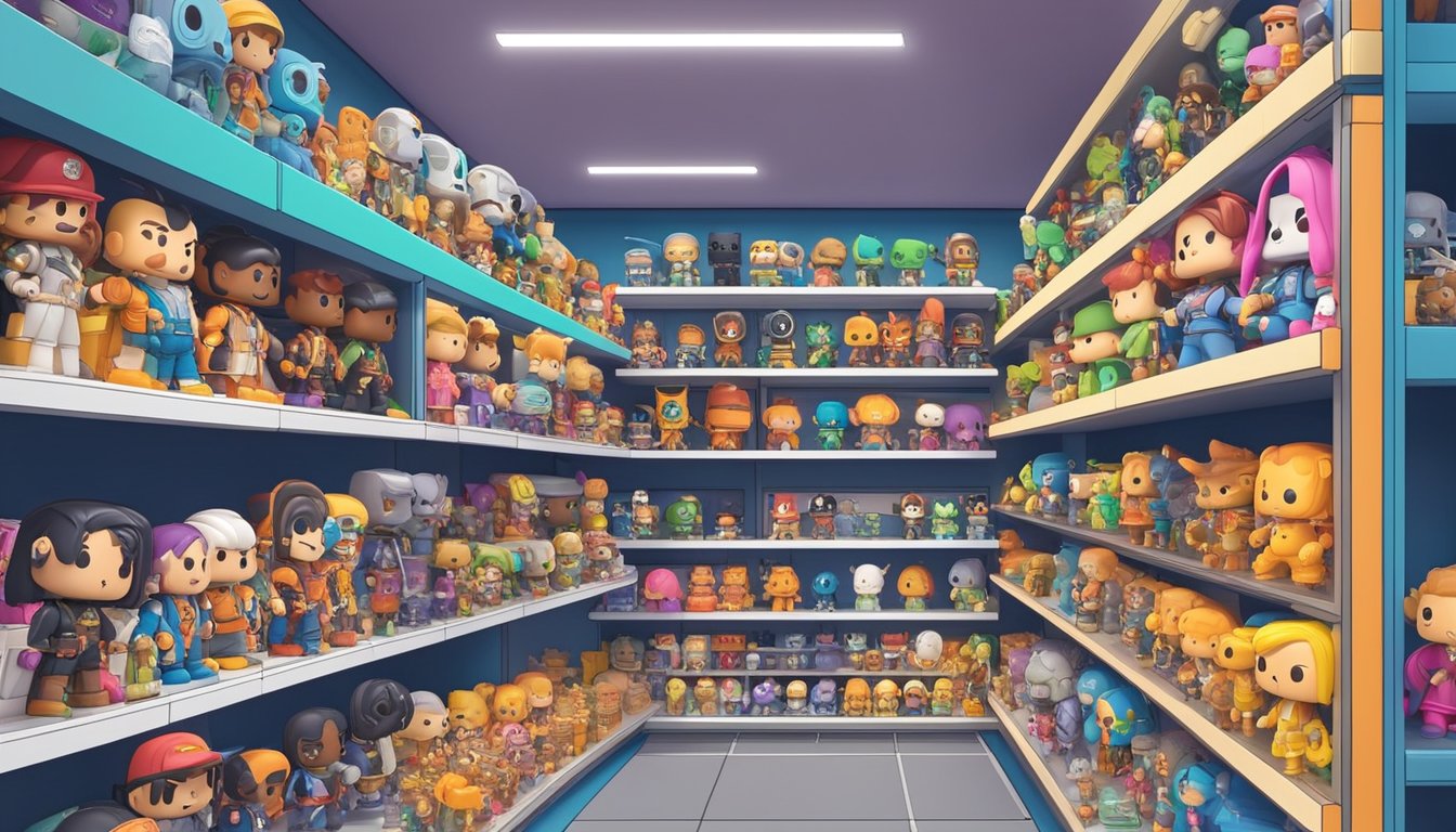 A colorful display of Funko Pop figures at a Singaporean toy store, with shelves lined with various characters and a vibrant, inviting atmosphere