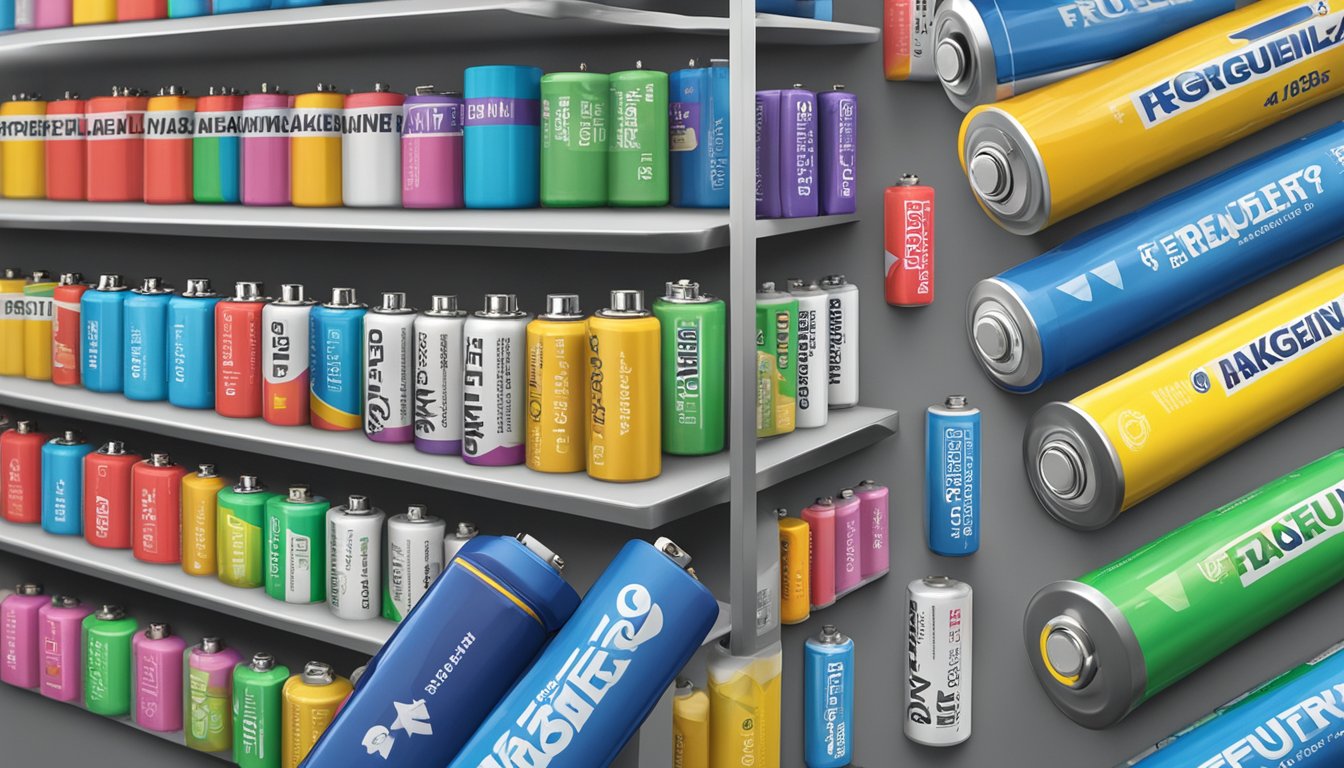 Various non-alkaline battery brands arranged on a shelf with a "Frequently Asked Questions" sign in the background