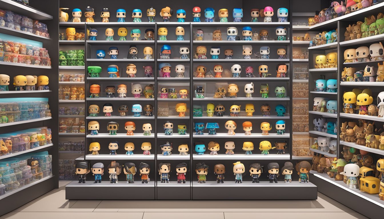 A brightly lit store display showcases rows of colorful Funko Pop figures in Singapore. Shelves are neatly organized, with various characters and themes available for purchase