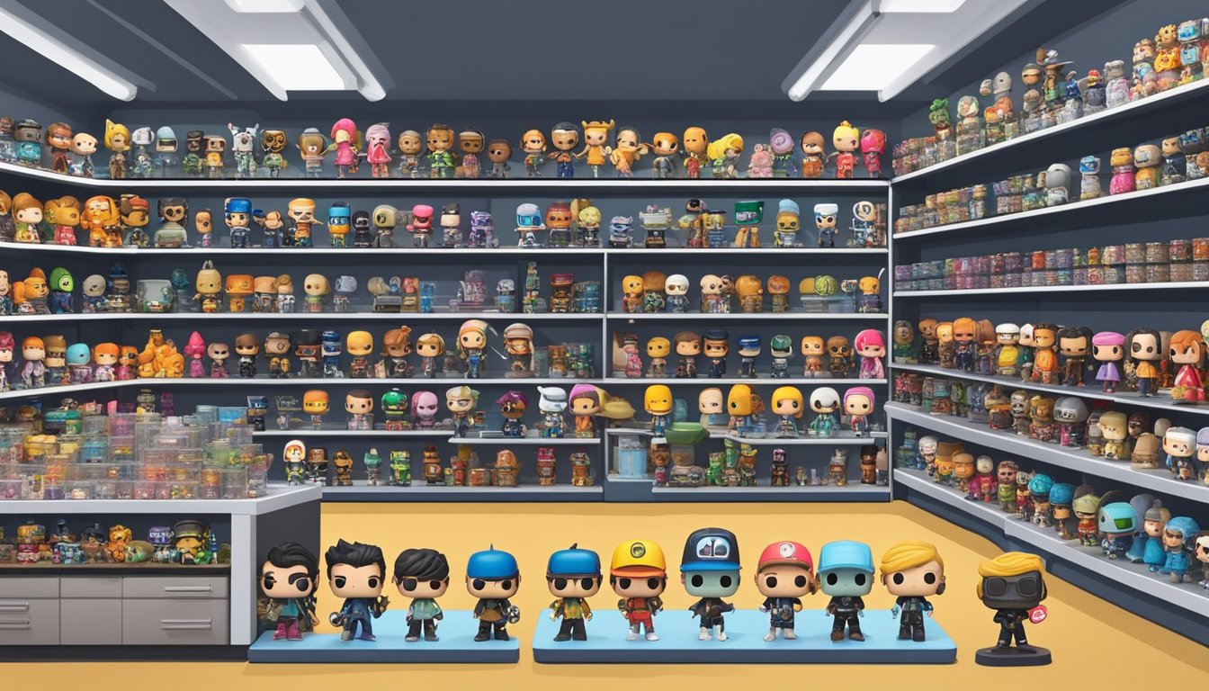 A colorful display of Funko Pop figures in a Singaporean store, with shelves lined with various characters and a sign advertising "Tips and Tricks" for collectors