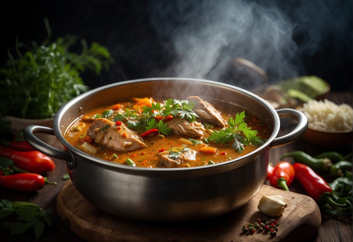 A steaming pot of Chinese fish head curry simmers with aromatic spices, chilies, and tangy tamarind, surrounded by fresh herbs and ingredients