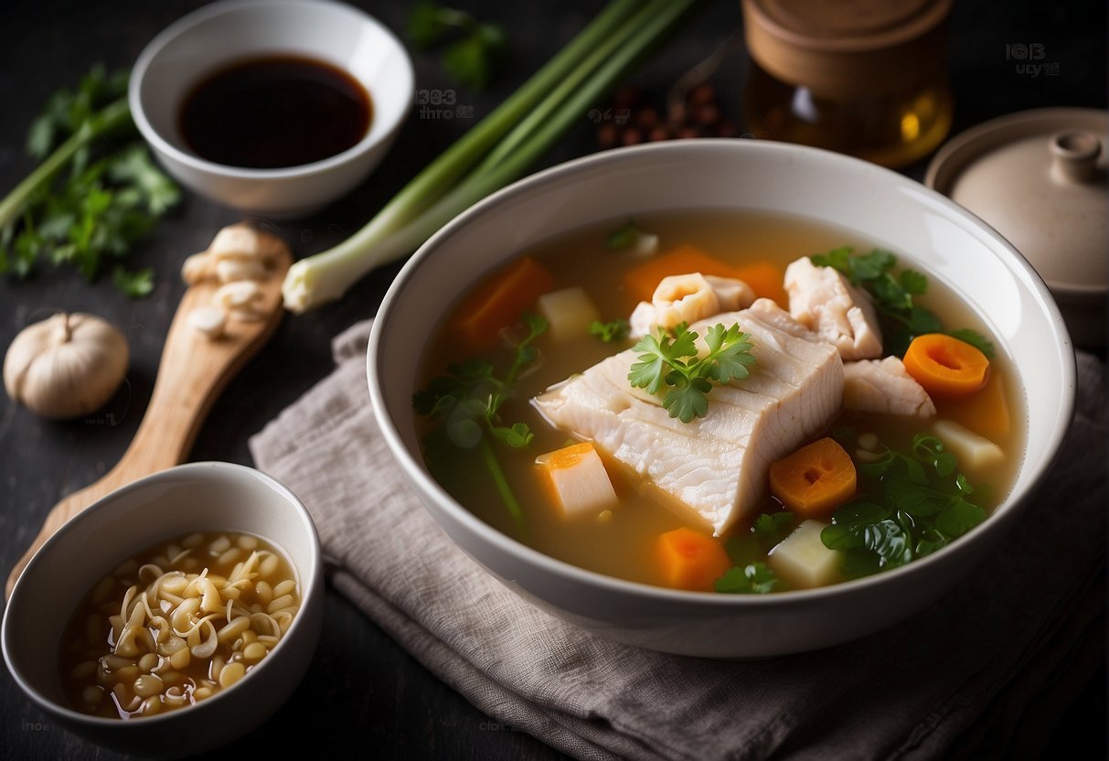A pot simmering with fish fillet soup, surrounded by essential Chinese ingredients like ginger, scallions, and soy sauce