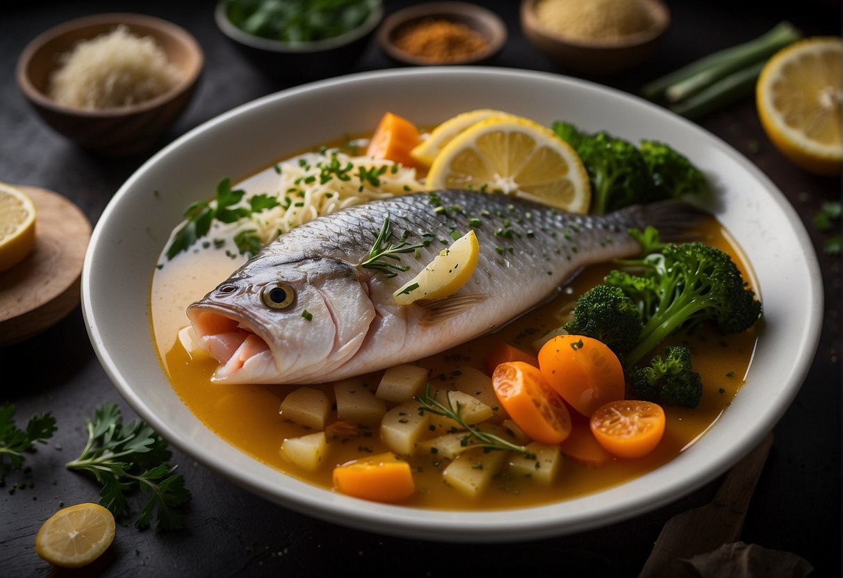 Fresh fish fillets being sliced, vegetables being chopped, and broth simmering in a large pot. Spices and herbs being added to the bubbling soup