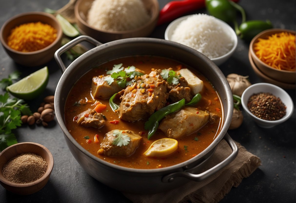 A large pot simmering with fish head curry, surrounded by Chinese spices and ingredients, symbolizing the cultural significance and origins of the traditional recipe