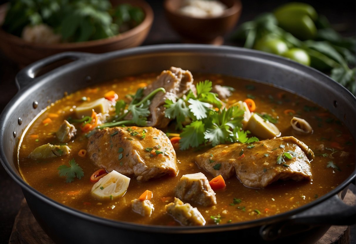 A simmering pot of fish head curry with Chinese spices and herbs. Aromatic steam rises from the bubbling broth, filled with chunks of fish head and vegetables