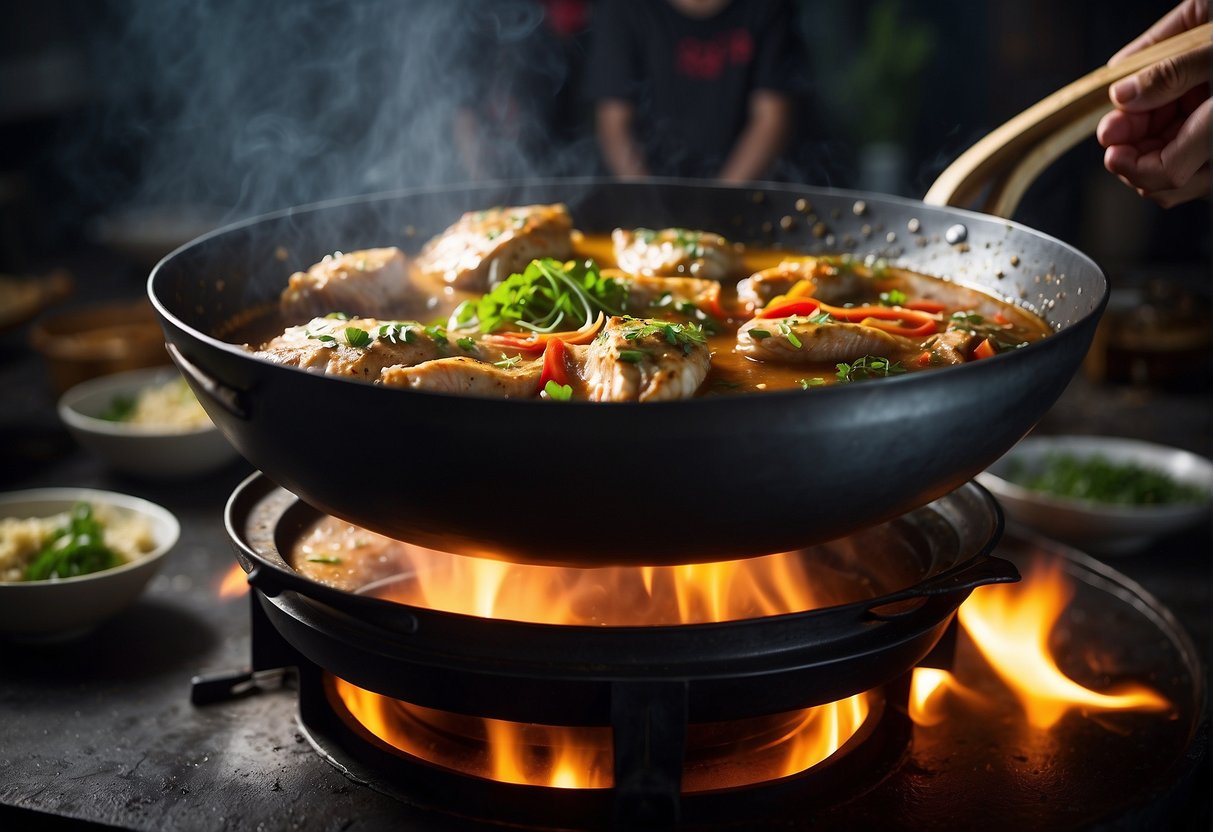 A large wok sizzling with oil, as whole fish heads are added alongside aromatic spices and herbs, creating a fragrant and flavorful Chinese-style fish head curry