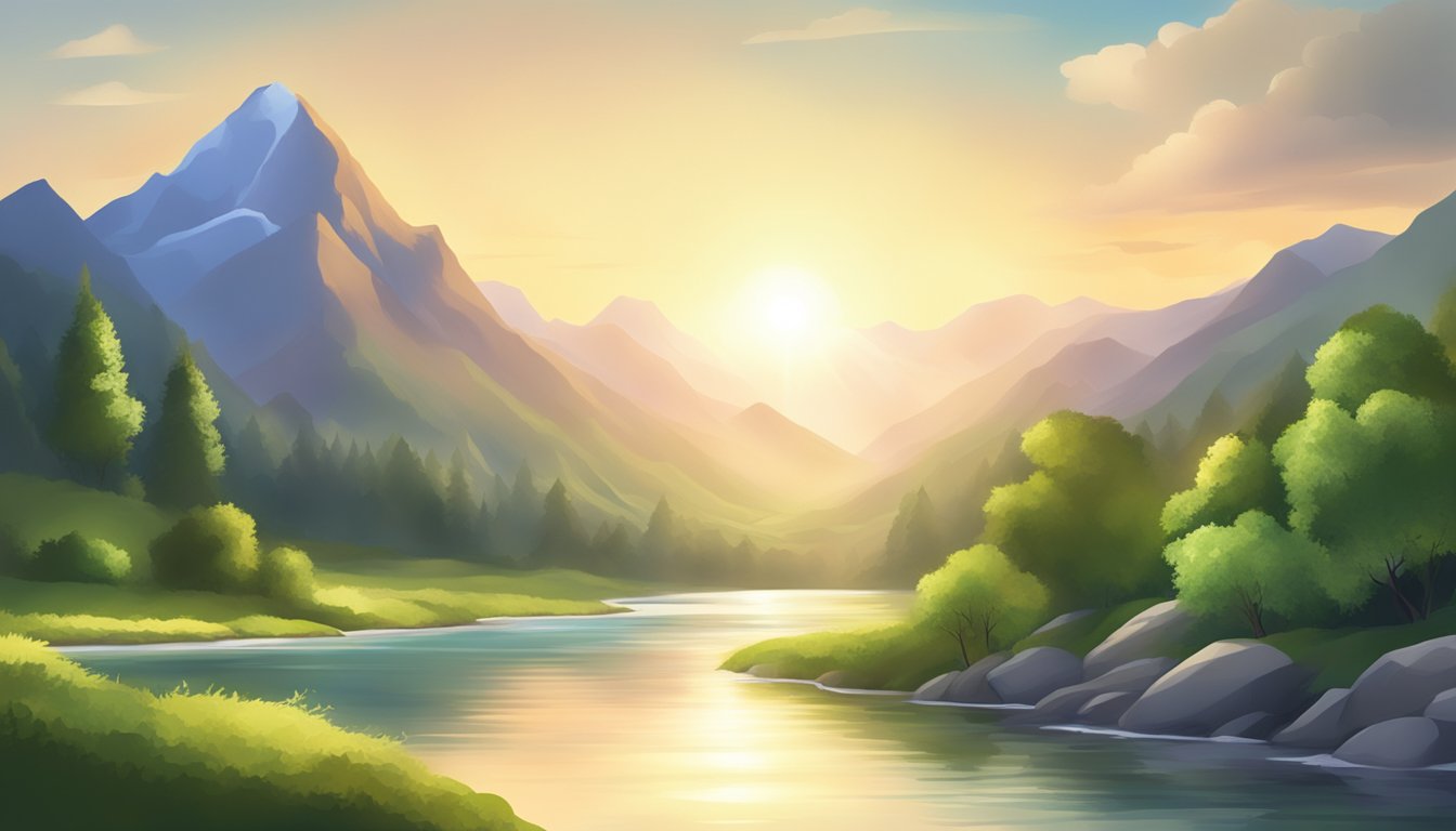 A serene mountain landscape with a tranquil river flowing through, surrounded by lush greenery and a radiant sun shining overhead