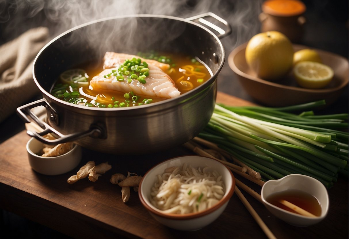 A pot of boiling broth with fish fillet, ginger, and green onions. A pair of chopsticks adding seasoning. Steam rising