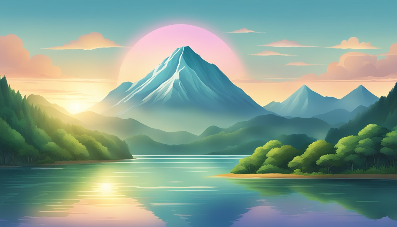 A serene mountain landscape with a rising sun, surrounded by lush greenery and calm waters, representing the expansion of the Nirvana brand