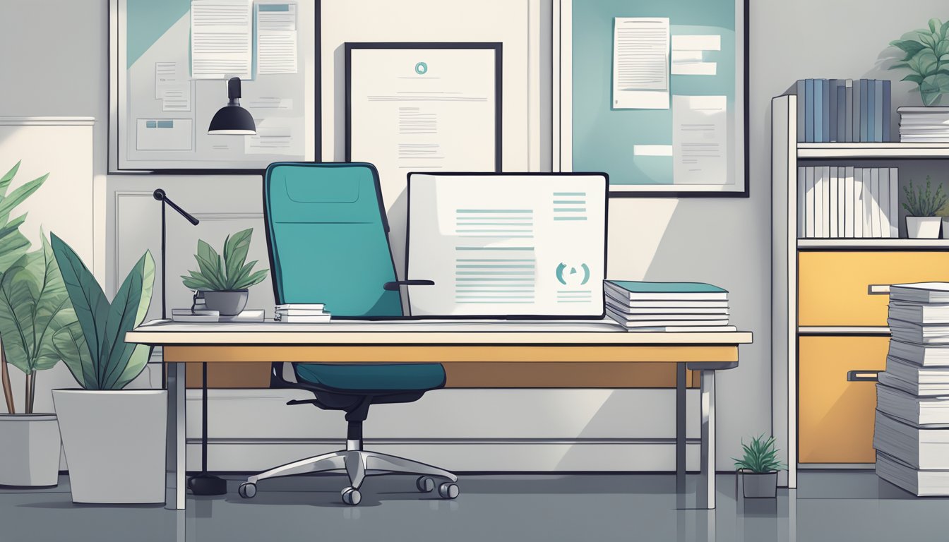 A serene, minimalist office setting with a stack of neatly organized FAQ sheets on a clean, modern desk. The Nirvana brand logo is subtly displayed in the background