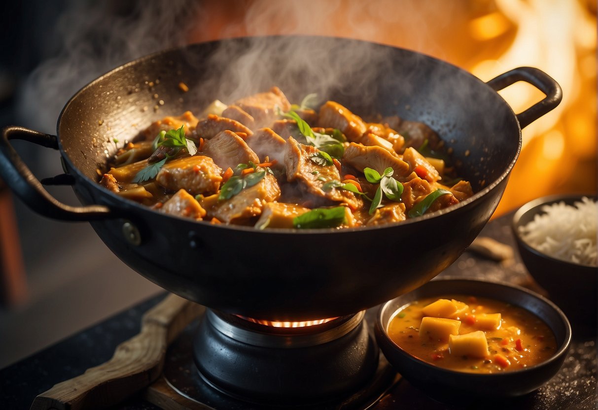 A large wok sizzles with fragrant spices and chunks of fish head, as steam rises and the rich aroma of Chinese-style curry fills the air