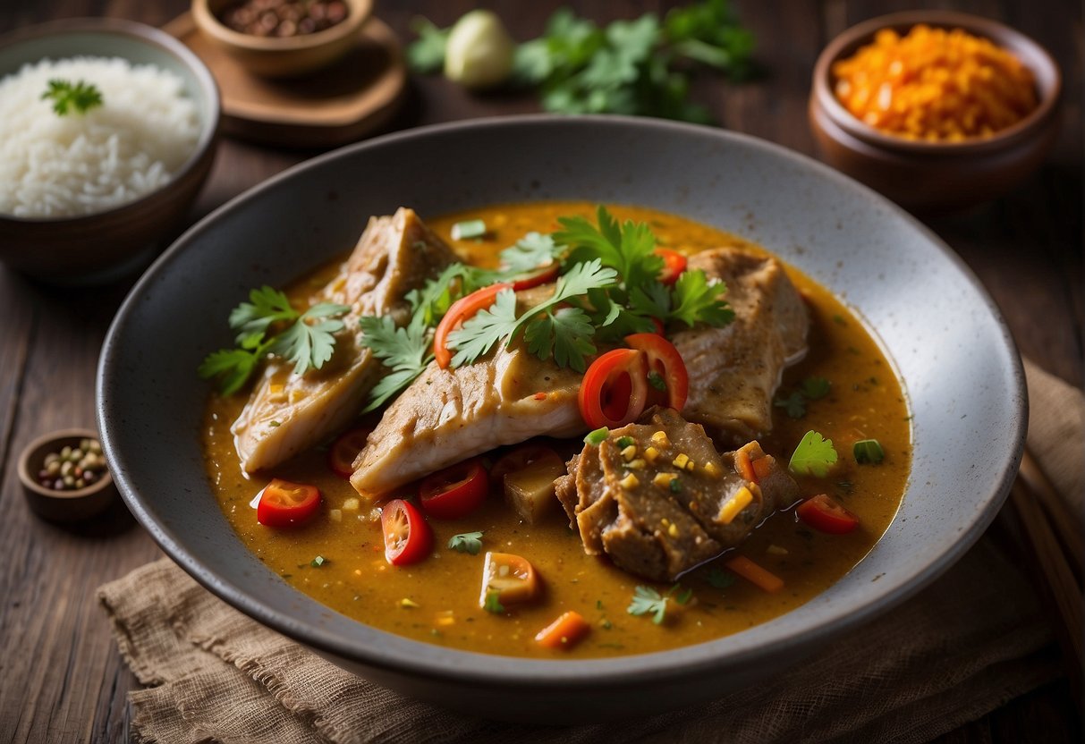 A steaming bowl of Chinese fish head curry sits on a rustic wooden table, surrounded by vibrant spices, herbs, and a bowl of steamed rice