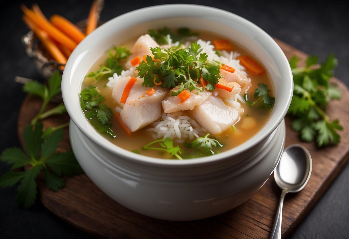 A steaming bowl of Chinese fish fillet soup, garnished with fresh herbs and served with a side of steamed rice