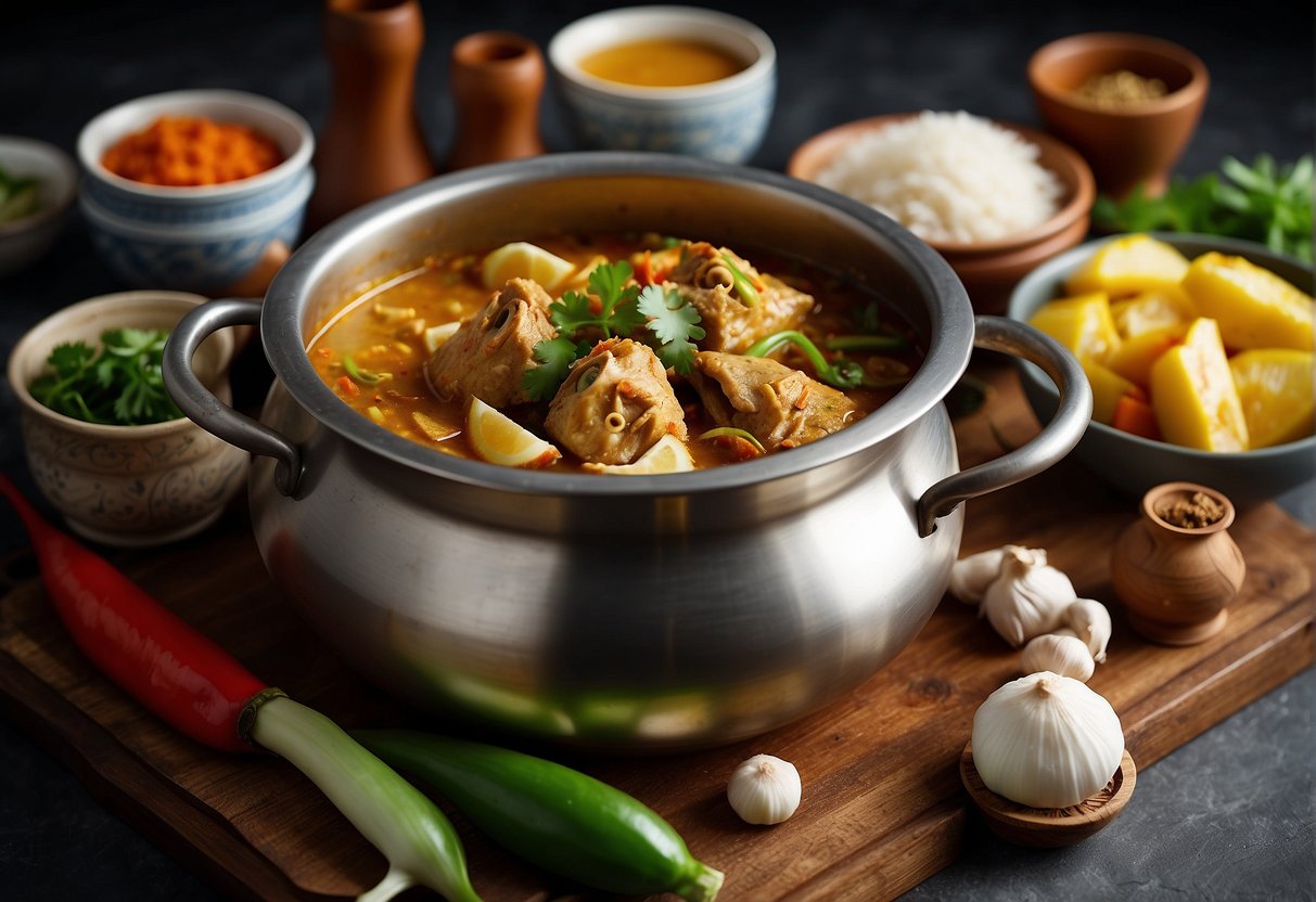 A steaming pot of Chinese-style fish head curry, surrounded by various ingredients and spices, with a recipe book open to the "Frequently Asked Questions" section