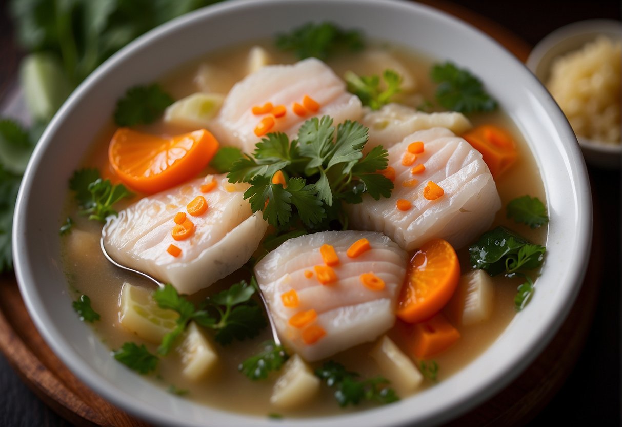 A steaming bowl of Chinese fish fillet soup with visible ingredients and nutritional information displayed