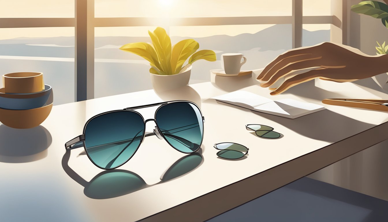 A table displays various aviator sunglasses, catching the light. A hand reaches out to pick up a pair, examining the sleek design