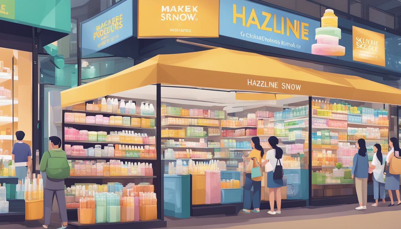 A bustling Singaporean market stall displays Hazeline Snow products, with a vibrant sign advertising the sought-after skincare item