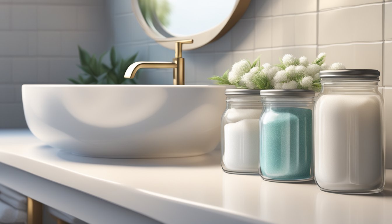 A serene, clean bathroom counter with a jar of Hazeline Snow prominently displayed, surrounded by soft, natural lighting. A sense of calm and purity exudes from the scene