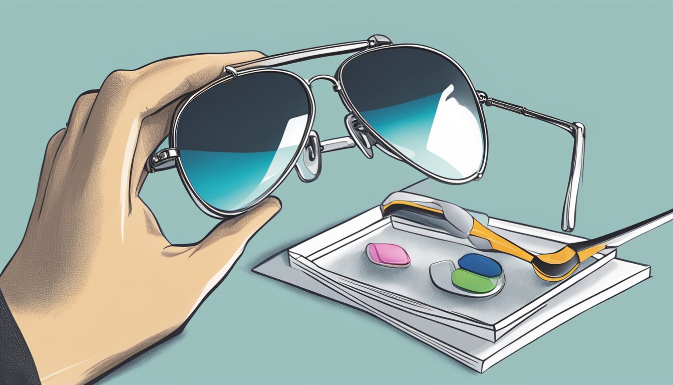 A hand clicks "add to cart" for aviator sunglasses. Another hand applies lens cleaner to the shades