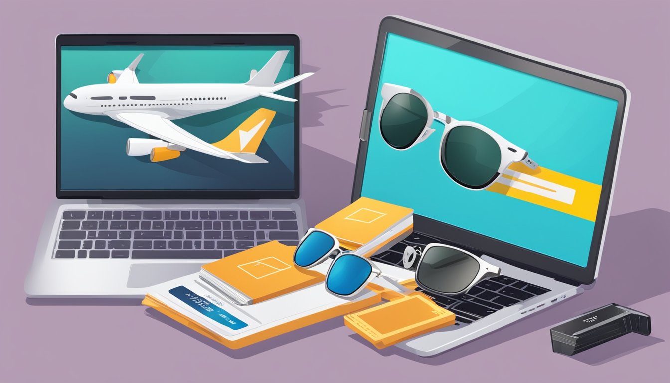 A laptop with a search bar open to "aviator sunglasses online." A pair of aviator sunglasses next to a credit card and a shipping box