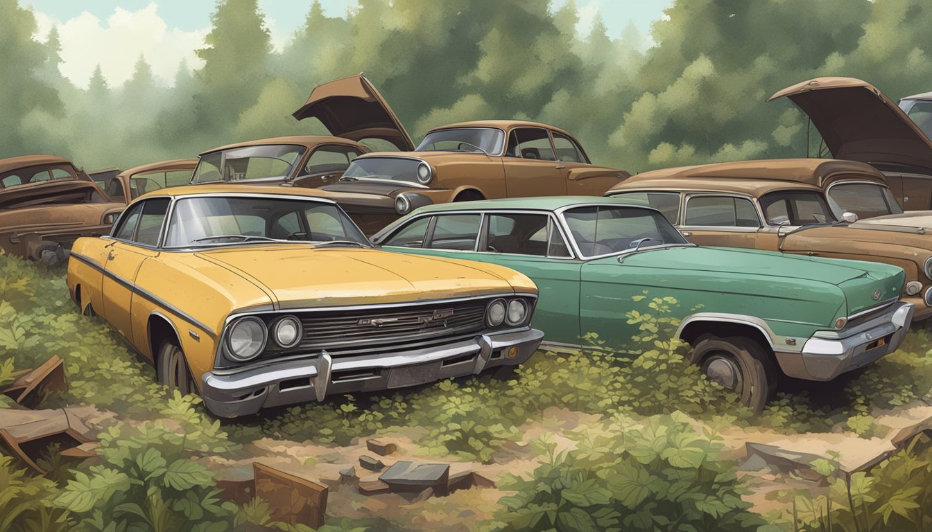 Vintage car graveyard, rusted relics of bygone brands, overgrown with weeds and fading into history