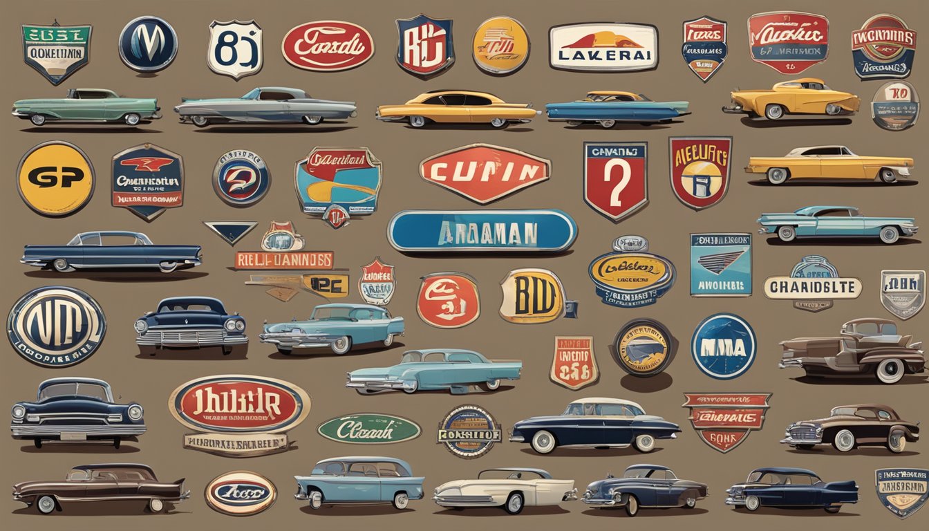 Obsolete auto brand logos and names displayed on a vintage signboard, with a crowd of question marks hovering above