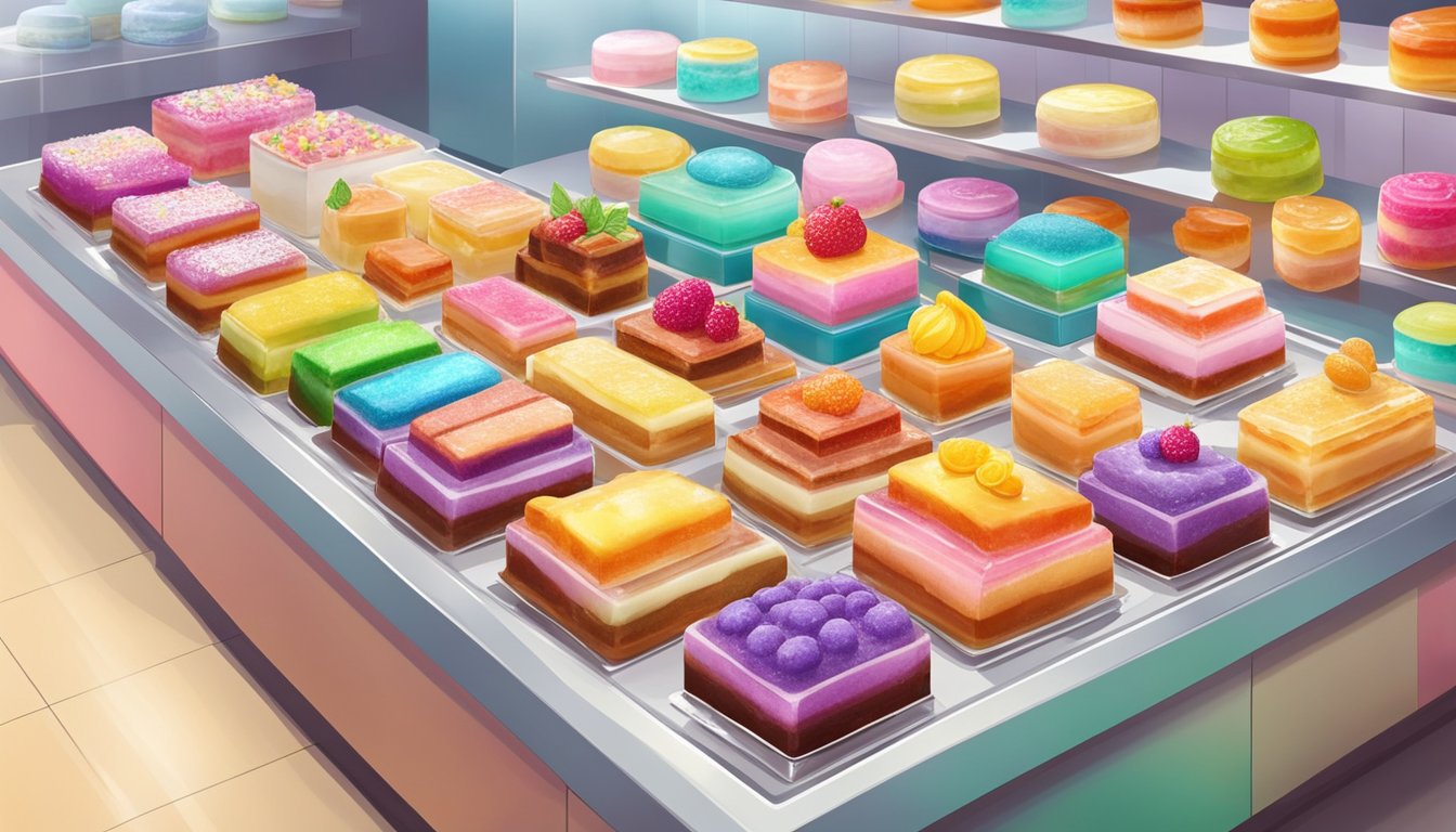 A colorful display of jelly cakes at a bakery in Singapore, with various flavors and designs showcased on a clean, well-lit counter
