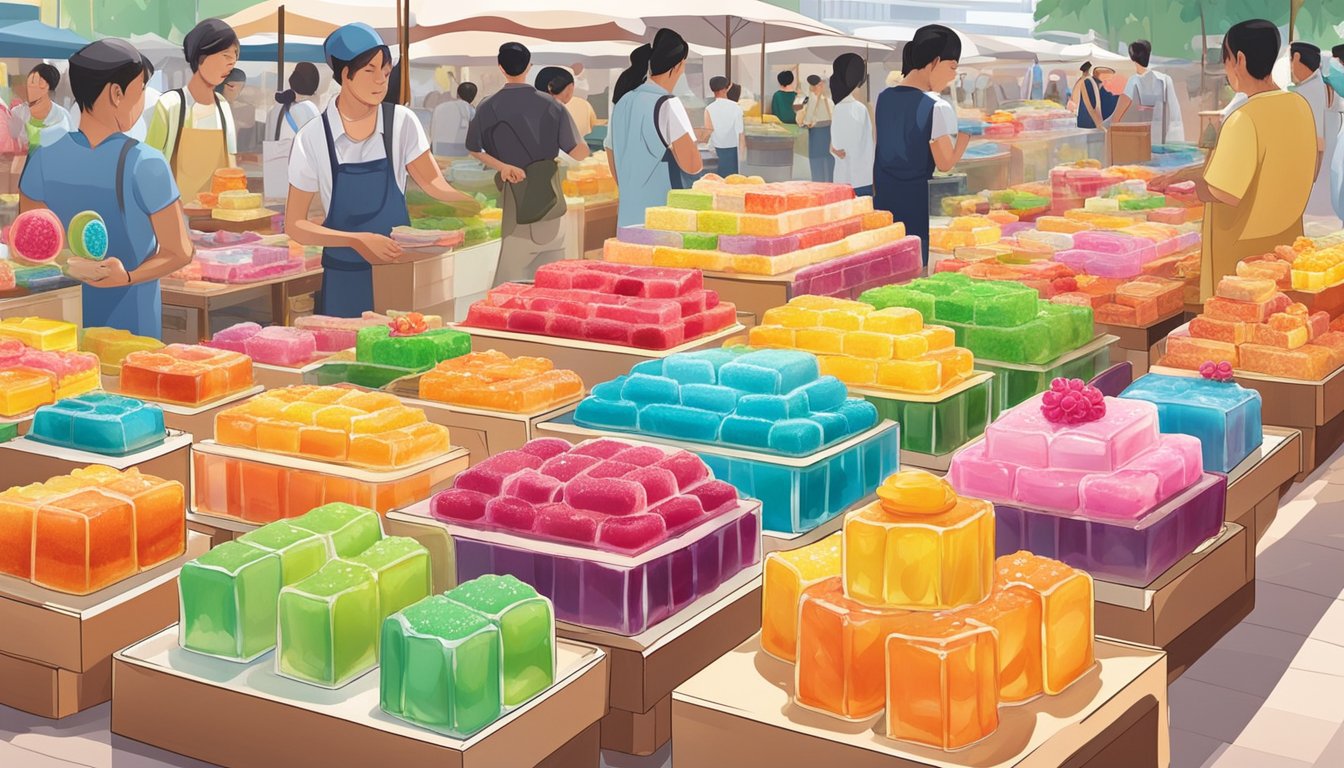 A colorful display of jelly cakes at a bustling market in Singapore, with vendors showcasing their variety of flavors and designs