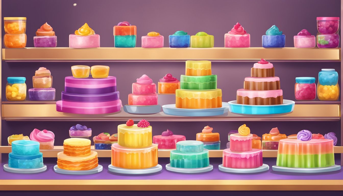 A display of colorful jelly cakes with various toppings and flavors, surrounded by shelves of customizable ingredients and packaging options