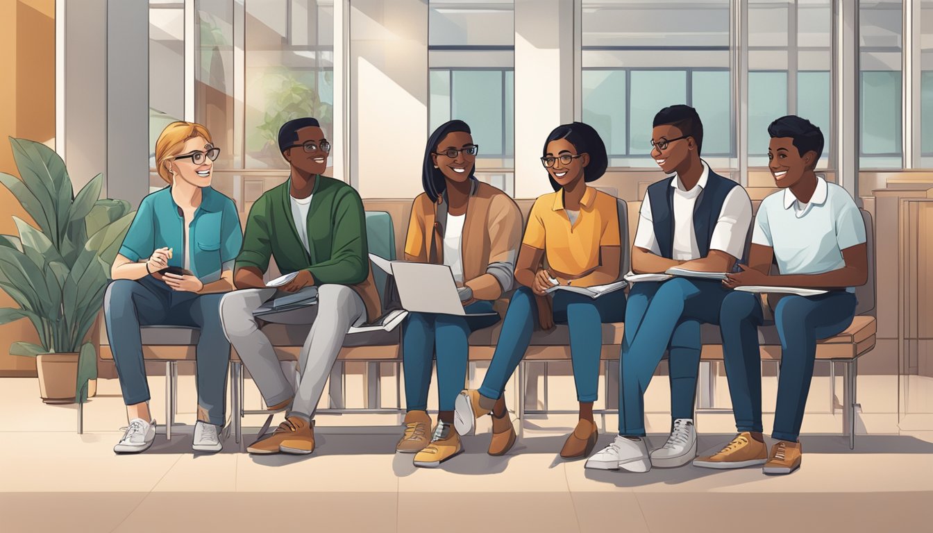 A group of diverse students sit in a modern bank, discussing education loan options with a friendly banker. The bank's logo is prominently displayed, and the atmosphere is professional yet welcoming