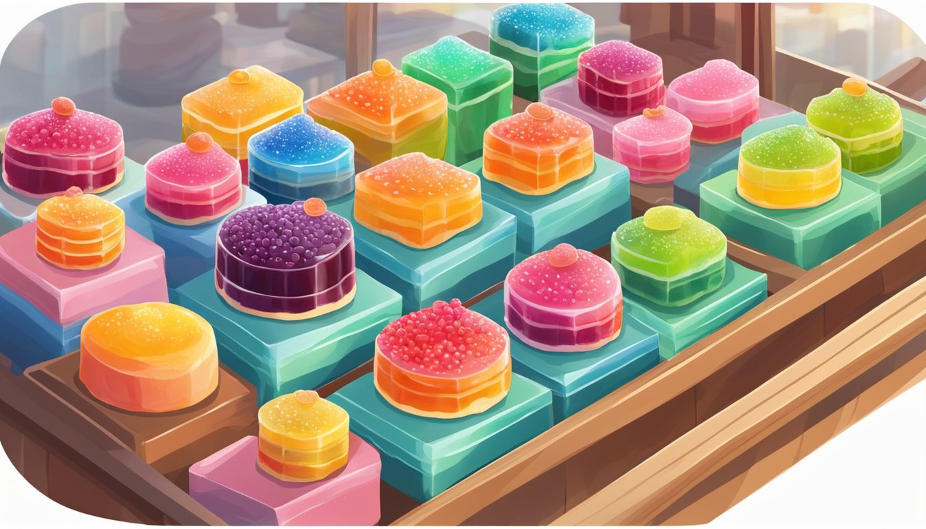 A display of colorful jelly cakes at a market stall in Singapore, with various flavors and sizes neatly arranged for customers to choose from
